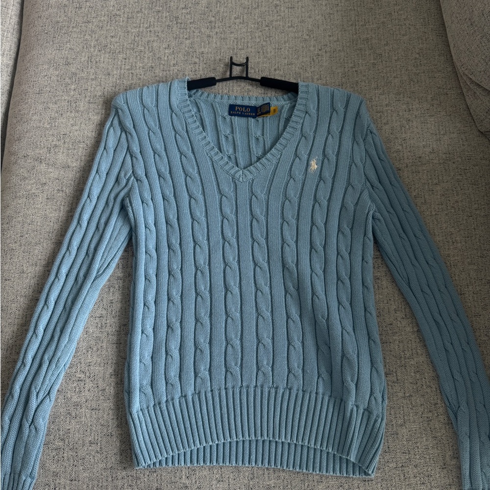 Polo by Ralph Lauren Sky Blue Cable-Knit V-Neck Sweater